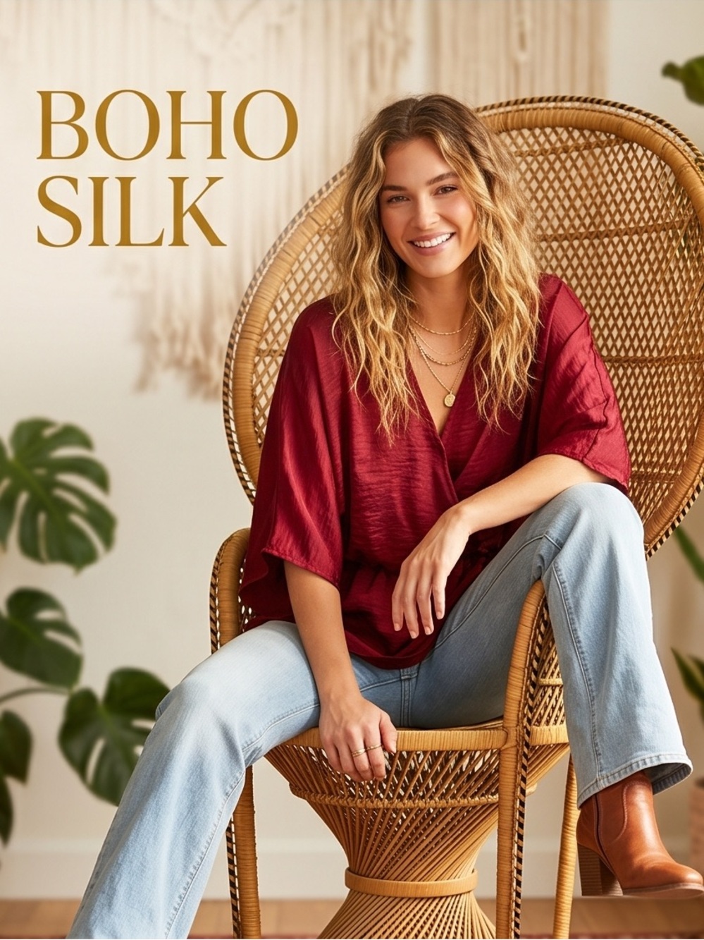 Entro Burgundy Satin Feel Surplice Blouse | Boho Flowy Dolman Sleeve Top Medium